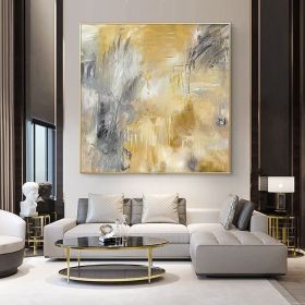 Yellow Gray Hand Painted Abstract Oil Canvas Painting Gold Wall Art Picture For Living Room Bedroom Home Decor (size: 120X120Cm)